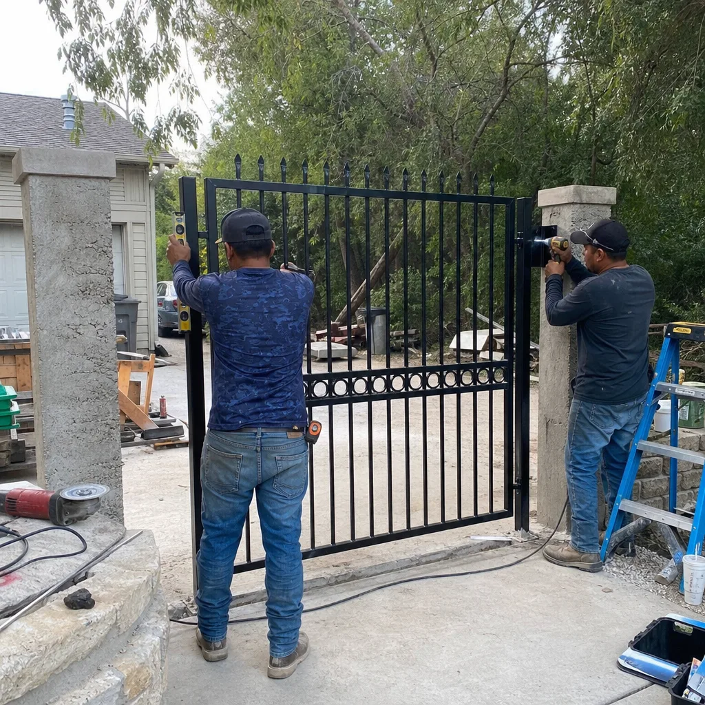 Two contractors installing a custom black metal driveway gate