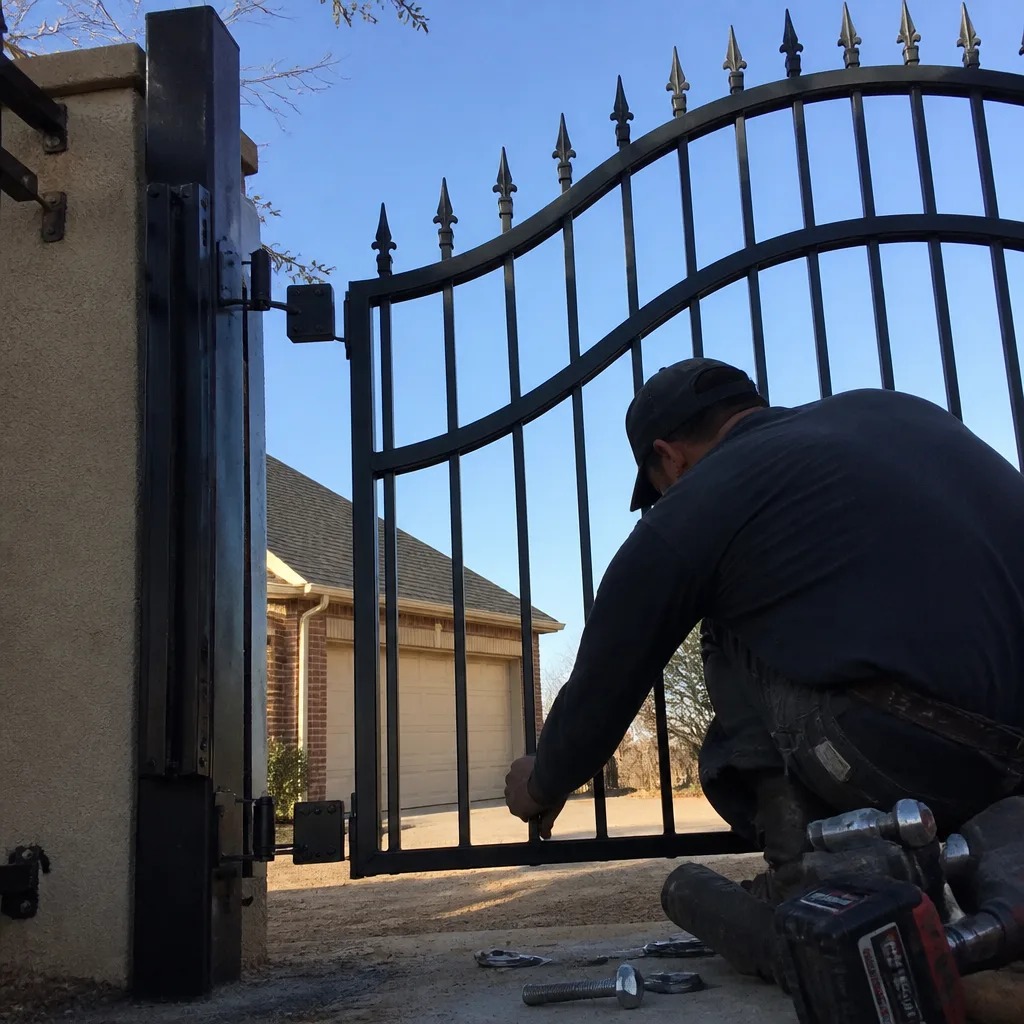 Professional contractor performing metal gate installation and repair work