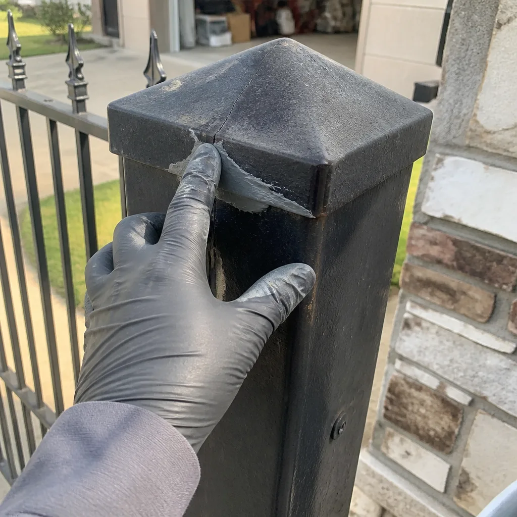 Professional applying metal filler to repair a cracked gate fence post