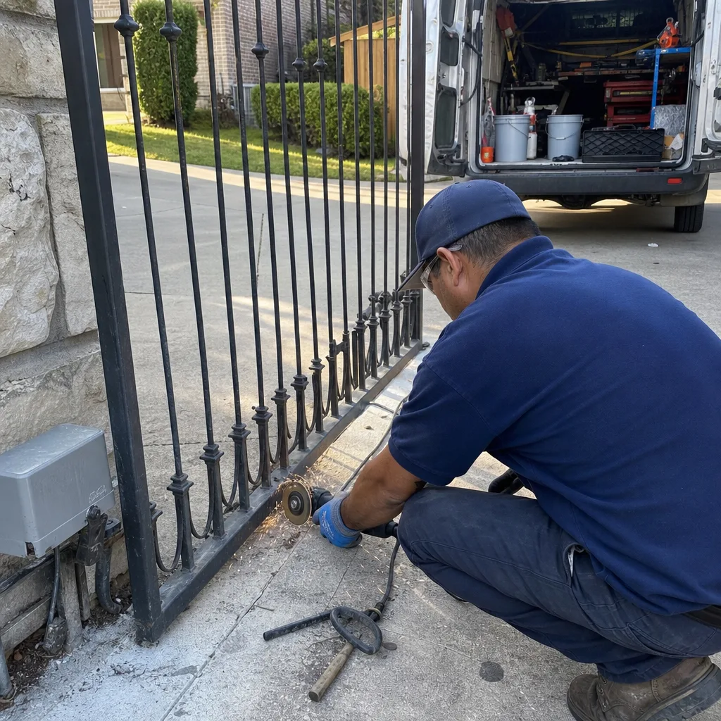 Technician using an angle grinder to perform professional gate repair