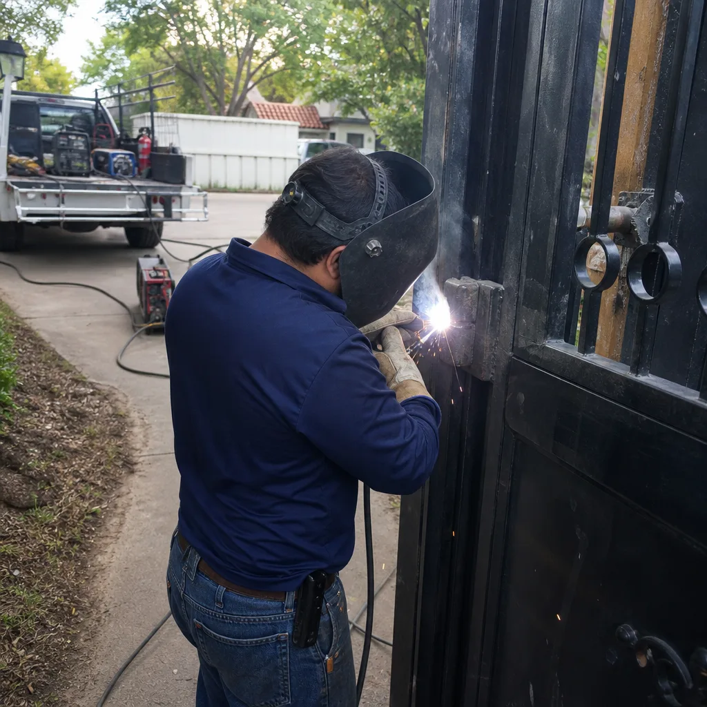 Professional welder performing gate repair and metal hinge welding